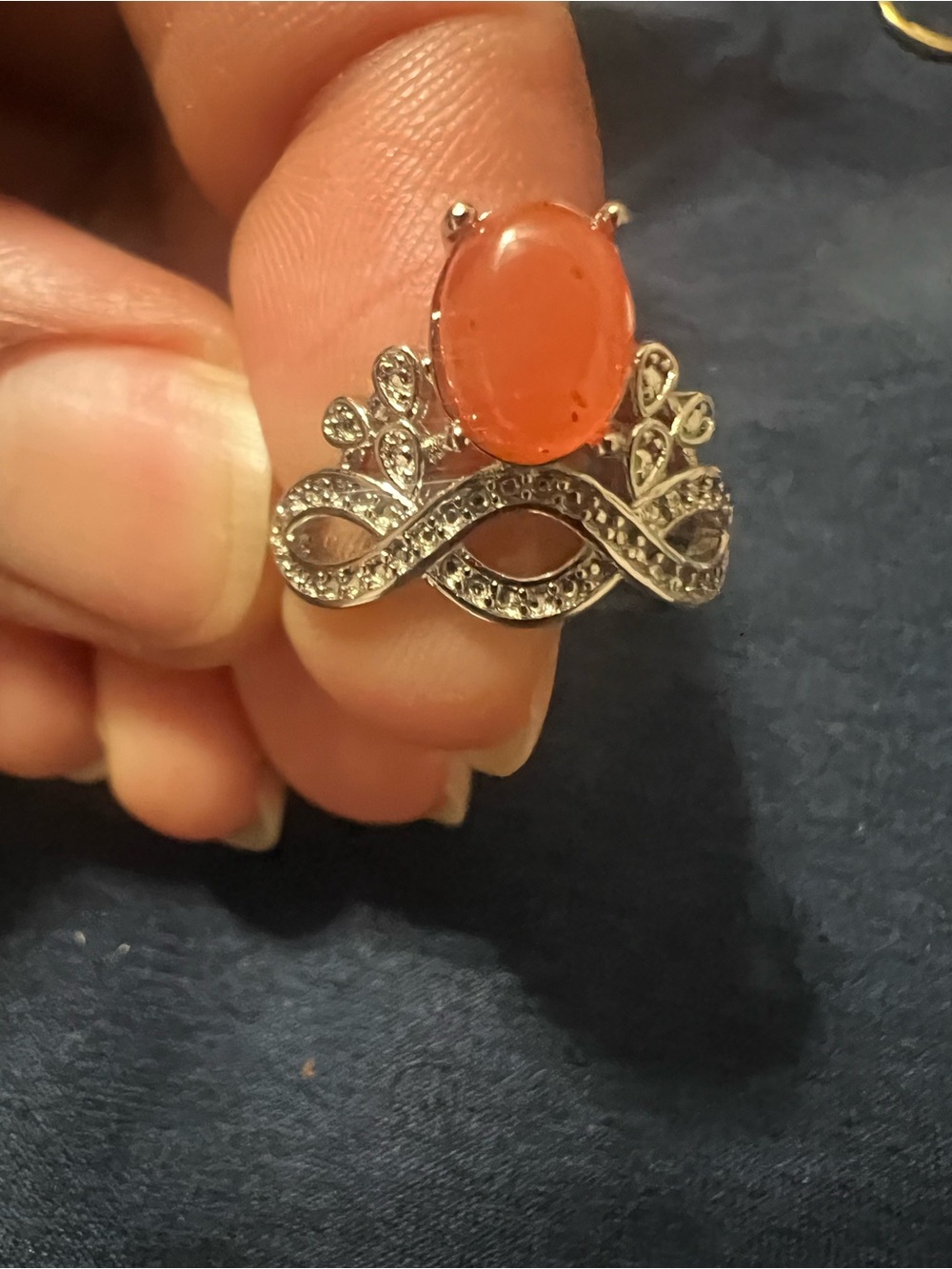 Sterling Silver Orange Cabochon Floral Infinity Ring